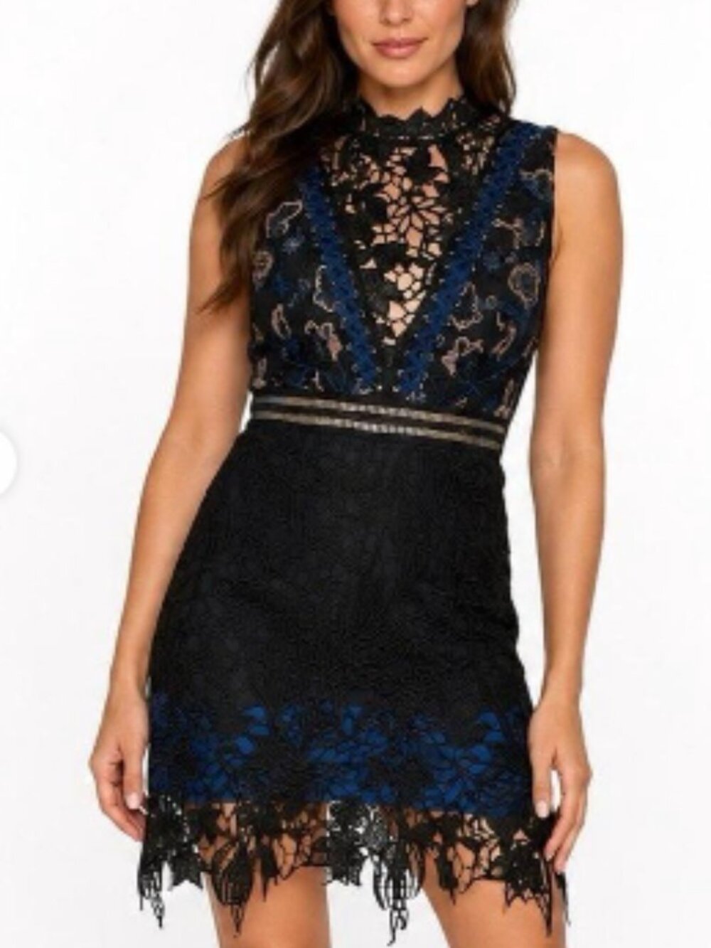Self-Portrait Black Guipure Lace Mini Dress Blue Lace-Up Detail Size S